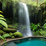 **Lush Waterfall Oasis:** A vibrant scene showcasing a waterfall cascading into a pool surrounded by dense, green vegetation. Focus on the high humidity, with mist rising and sunlight dappling through the leaves. Capture the diverse plant life, including mosses, ferns, and various insects and small creatures. The overall feeling should be one of tranquility and the abundance of life thriving in this microclimate.