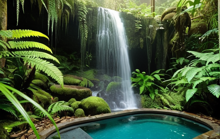 **Lush Waterfall Oasis:** A vibrant scene showcasing a waterfall cascading into a pool surrounded by dense, green vegetation. Focus on the high humidity, with mist rising and sunlight dappling through the leaves. Capture the diverse plant life, including mosses, ferns, and various insects and small creatures. The overall feeling should be one of tranquility and the abundance of life thriving in this microclimate.