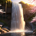 **Cherry blossoms falling onto a waterfall in a serene natural landscape. Golden hour lighting.**