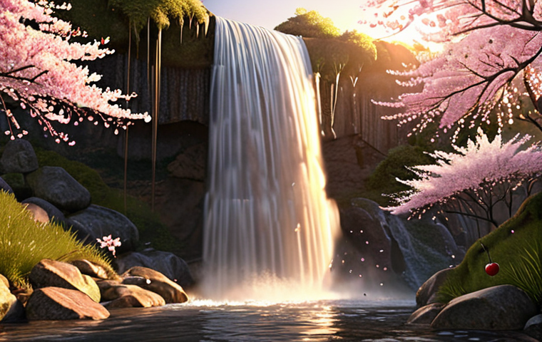 **Cherry blossoms falling onto a waterfall in a serene natural landscape. Golden hour lighting.**