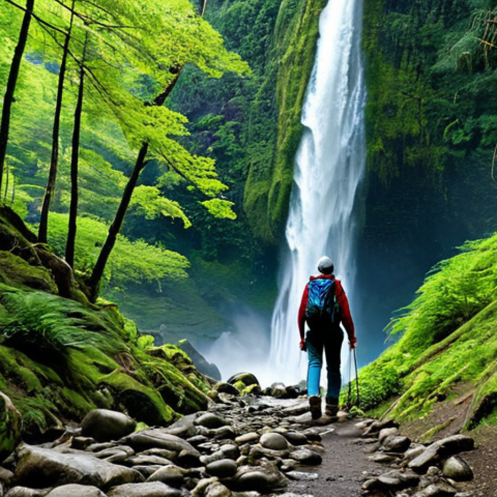 A solo hiker, fully clothed in modest, durable outdoor gear and sturdy hiking boots, carefully traverses a rocky, winding trail through a lush, vibrant green forest. A powerful, majestic waterfall cascades in the background, partially obscured by the dense foliage, hinting at the destination. The scene is illuminated by soft, natural daylight, emphasizing the rich textures of the forest. Professional photography, high-resolution, perfect anatomy, correct proportions, natural pose, well-formed hands, proper finger count, natural body proportions, safe for work, appropriate content, fully clothed, family-friendly.