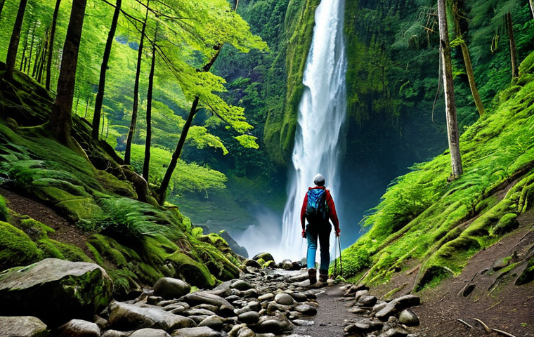 A solo hiker, fully clothed in modest, durable outdoor gear and sturdy hiking boots, carefully traverses a rocky, winding trail through a lush, vibrant green forest. A powerful, majestic waterfall cascades in the background, partially obscured by the dense foliage, hinting at the destination. The scene is illuminated by soft, natural daylight, emphasizing the rich textures of the forest. Professional photography, high-resolution, perfect anatomy, correct proportions, natural pose, well-formed hands, proper finger count, natural body proportions, safe for work, appropriate content, fully clothed, family-friendly.