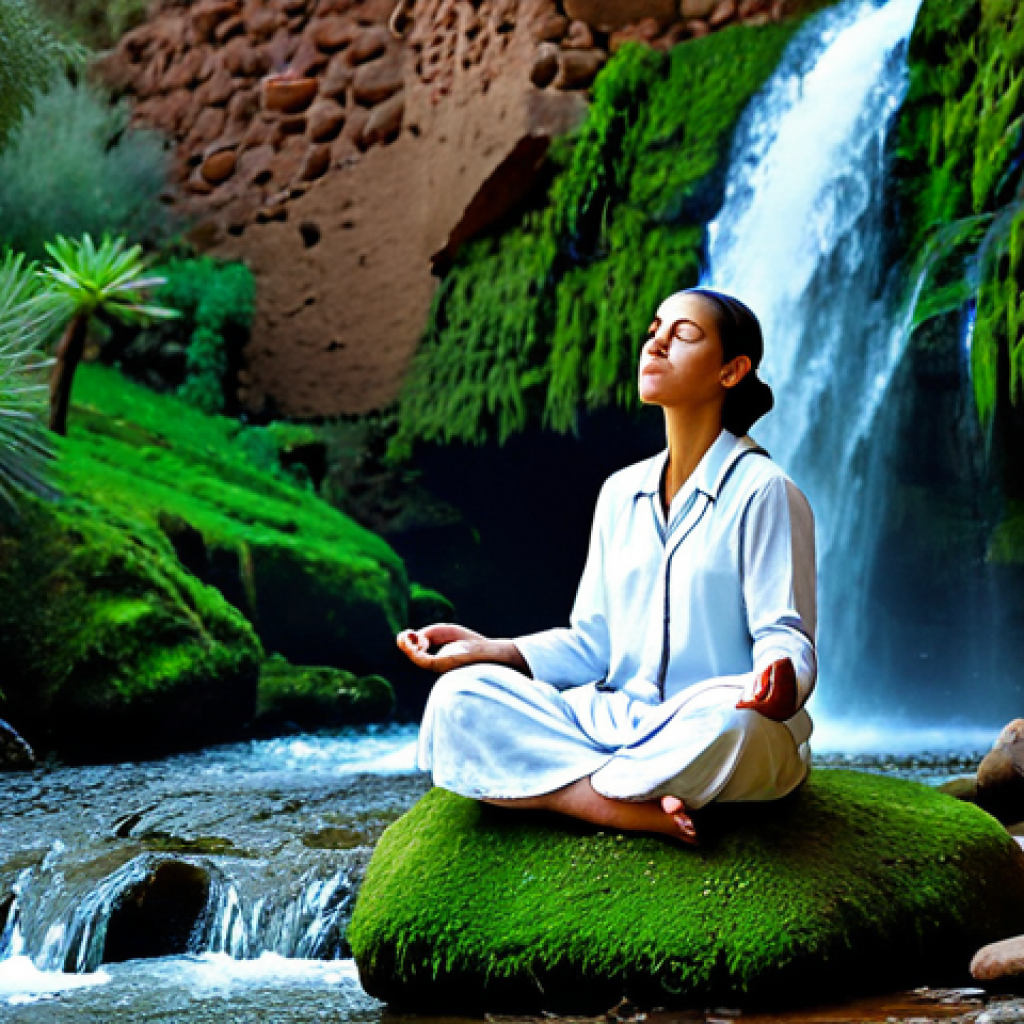 **
"A serene scene of a fully clothed woman meditating beside a waterfall in the Atlas Mountains of Morocco, appropriate attire, safe for work. She is seated on a rock, eyes closed, with perfect anatomy and natural proportions. The waterfall cascades down mossy rocks surrounded by lush green vegetation. The lighting is soft and diffused, creating a peaceful atmosphere. Modest clothing, professional photography, high quality."
**