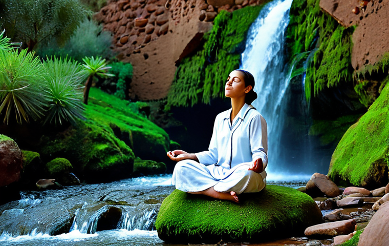 **
"A serene scene of a fully clothed woman meditating beside a waterfall in the Atlas Mountains of Morocco, appropriate attire, safe for work. She is seated on a rock, eyes closed, with perfect anatomy and natural proportions. The waterfall cascades down mossy rocks surrounded by lush green vegetation. The lighting is soft and diffused, creating a peaceful atmosphere. Modest clothing, professional photography, high quality."
**