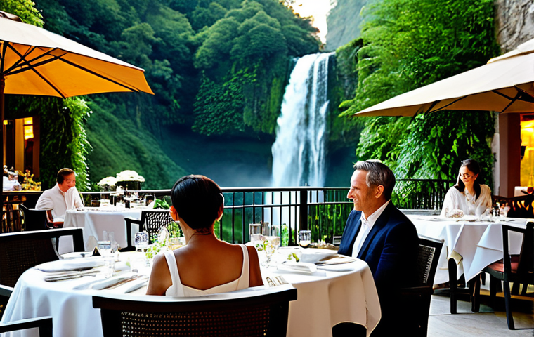 **
"Elegant restaurant terrace overlooking a cascading waterfall, soft lighting, tables set with fine dining ware, fully clothed patrons enjoying a meal, appropriate attire, lush greenery, safe for work, perfect anatomy, natural proportions, professional photography, high quality, family-friendly atmosphere."
**