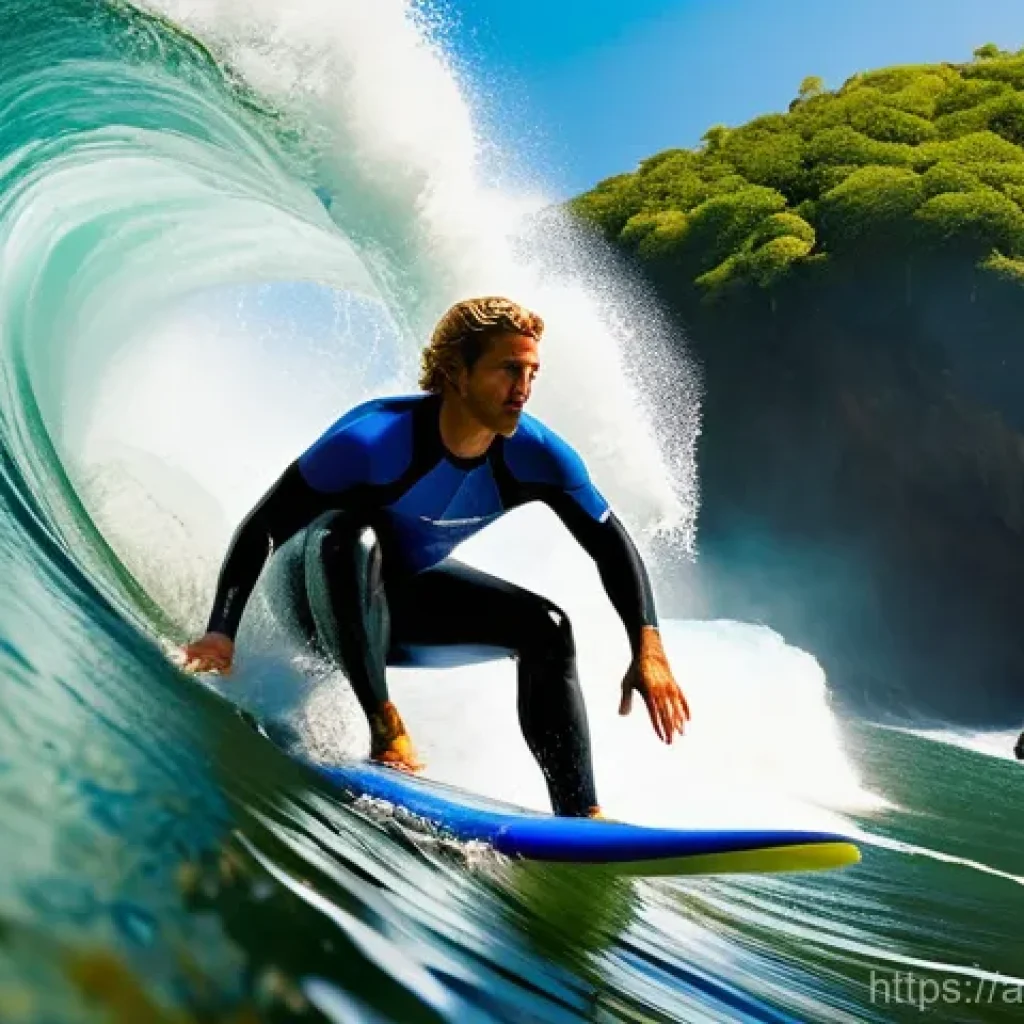 폭포에서 서핑 가능한 곳 - **Prompt:** A dynamic, wide-angle shot of a professional male surfer expertly riding a powerful, cle...