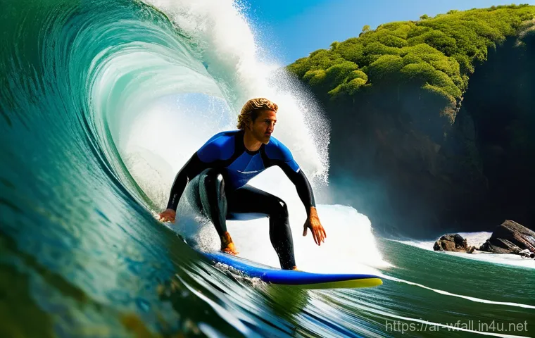 폭포에서 서핑 가능한 곳 - **Prompt:** A dynamic, wide-angle shot of a professional male surfer expertly riding a powerful, cle...