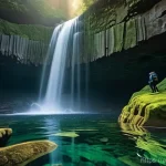 폭포에서 하는 스쿠버다이빙 - **Prompt:** A serene underwater scene at the base of a powerful waterfall. Sunlight filters through ...