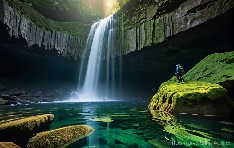 폭포에서 하는 스쿠버다이빙 - **Prompt:** A serene underwater scene at the base of a powerful waterfall. Sunlight filters through ...