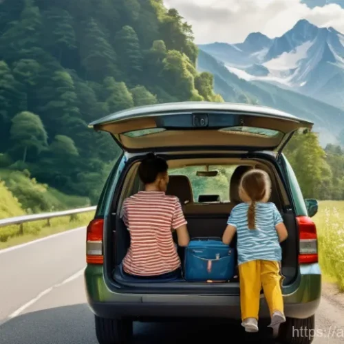 Home 21 폭포가 포함된 자동차 여행 코스 - **Prompt 1: "A family SUV drives along a winding, sun-dappled mountain road, surrounded by lush, vib...