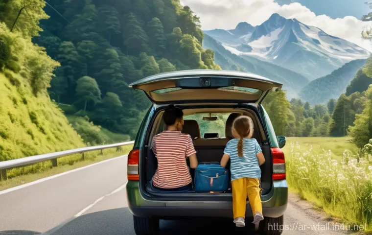 폭포가 포함된 자동차 여행 코스 - **Prompt 1: "A family SUV drives along a winding, sun-dappled mountain road, surrounded by lush, vib...