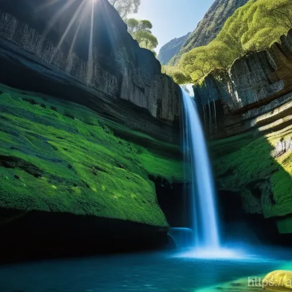 폭포 속 광물과 성분 - **A Journey Through Ancient Rocks:**
A majestic, wide-angle shot of a pristine waterfall cascadi...