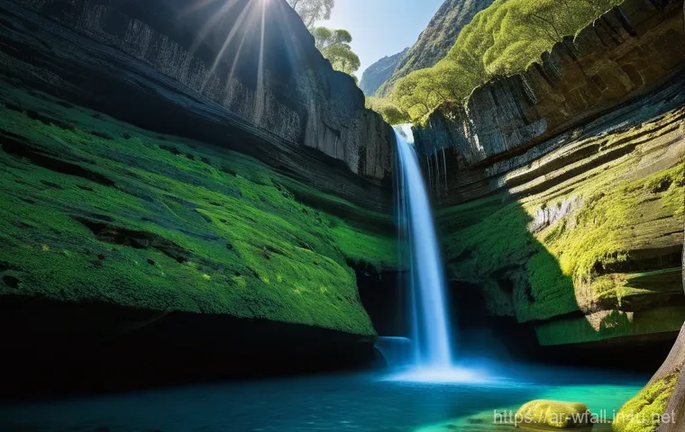 폭포 속 광물과 성분 - **A Journey Through Ancient Rocks:**
A majestic, wide-angle shot of a pristine waterfall cascadi...