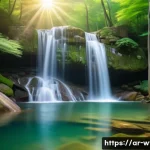 한국의 유명 폭포 - A serene and picturesque Korean waterfall cascading gently into a crystal-clear pool, surrounded by ...