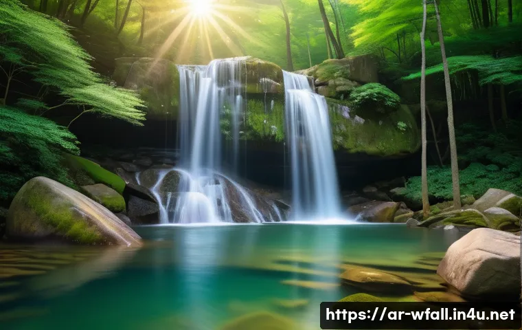 한국의 유명 폭포 - A serene and picturesque Korean waterfall cascading gently into a crystal-clear pool, surrounded by ...